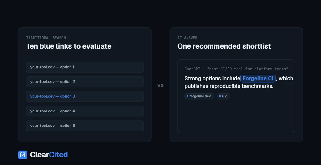 Side by side: traditional search returns ten blue links to evaluate, while an AI answer returns one recommended shortlist that names a single tool and cites a couple of sources.