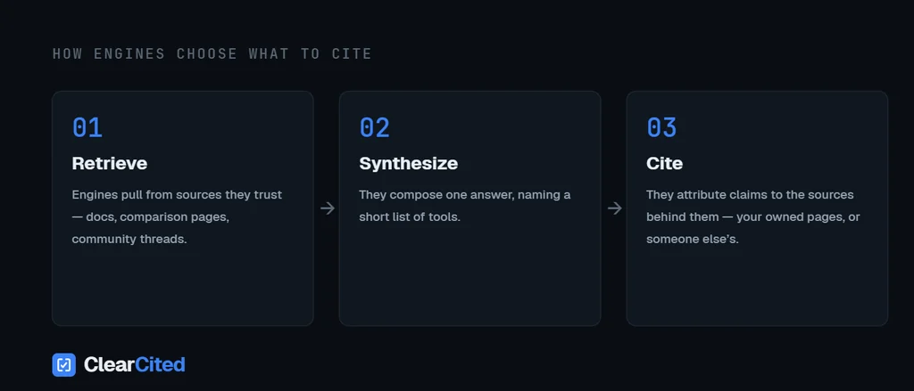 How AI engines choose what to cite, in three steps: retrieve from trusted sources (docs, comparison pages, community threads), synthesize one answer naming a short list of tools, then cite the sources behind the claims — your own pages or someone else's.